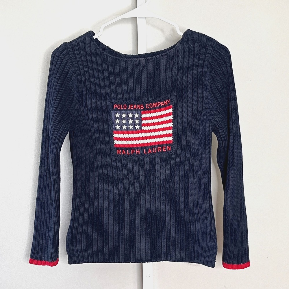 Ralph Lauren American Flag Sweater Vintage Polo Jeans Co Navy Knit USA Patriotic